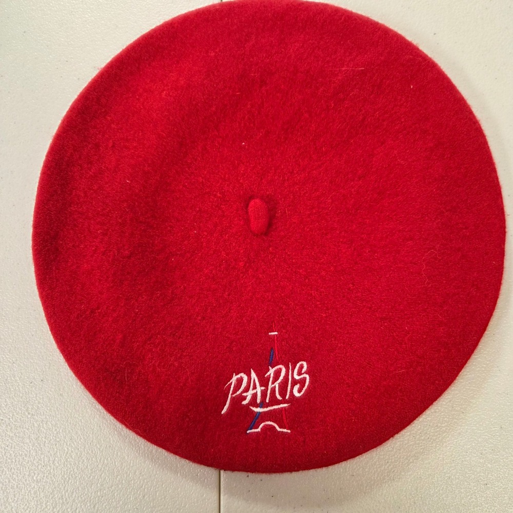 Vintage Red French Beret Paris Eiffel Tower Embroidered Wool Blend Hat One Size